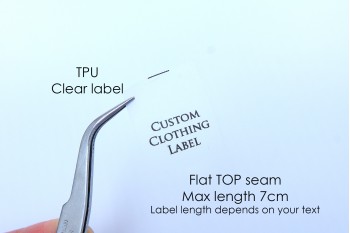 Sew-on Clothing label, TPU CLEAR WHITE, 25mm Flat TOP seam, 100 labels